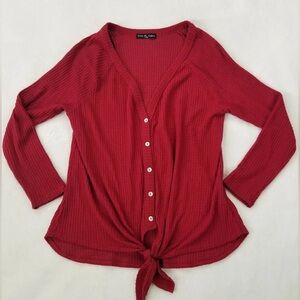 Kim & Cami Waffle Knit Tie front button up V-neck long sleeve top red womens S